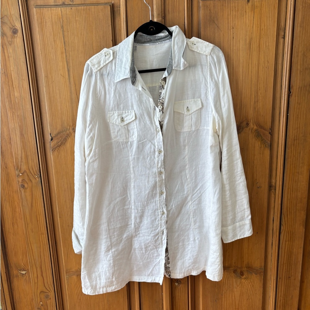 Women’s White Button-Front Linen Blend Shirt - Casual Long Sleeve